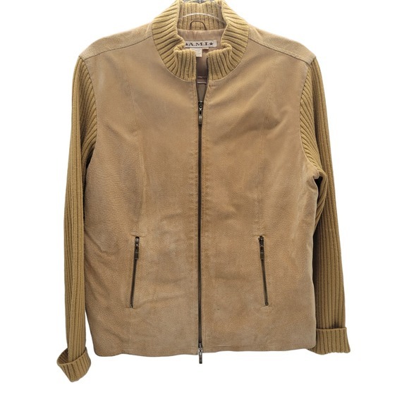 Vintage A.M.I. Camel Suede Leather Jacket | Knit Sleeves‎ & Collar Womens Sz LHO - Picture 1 of 12
